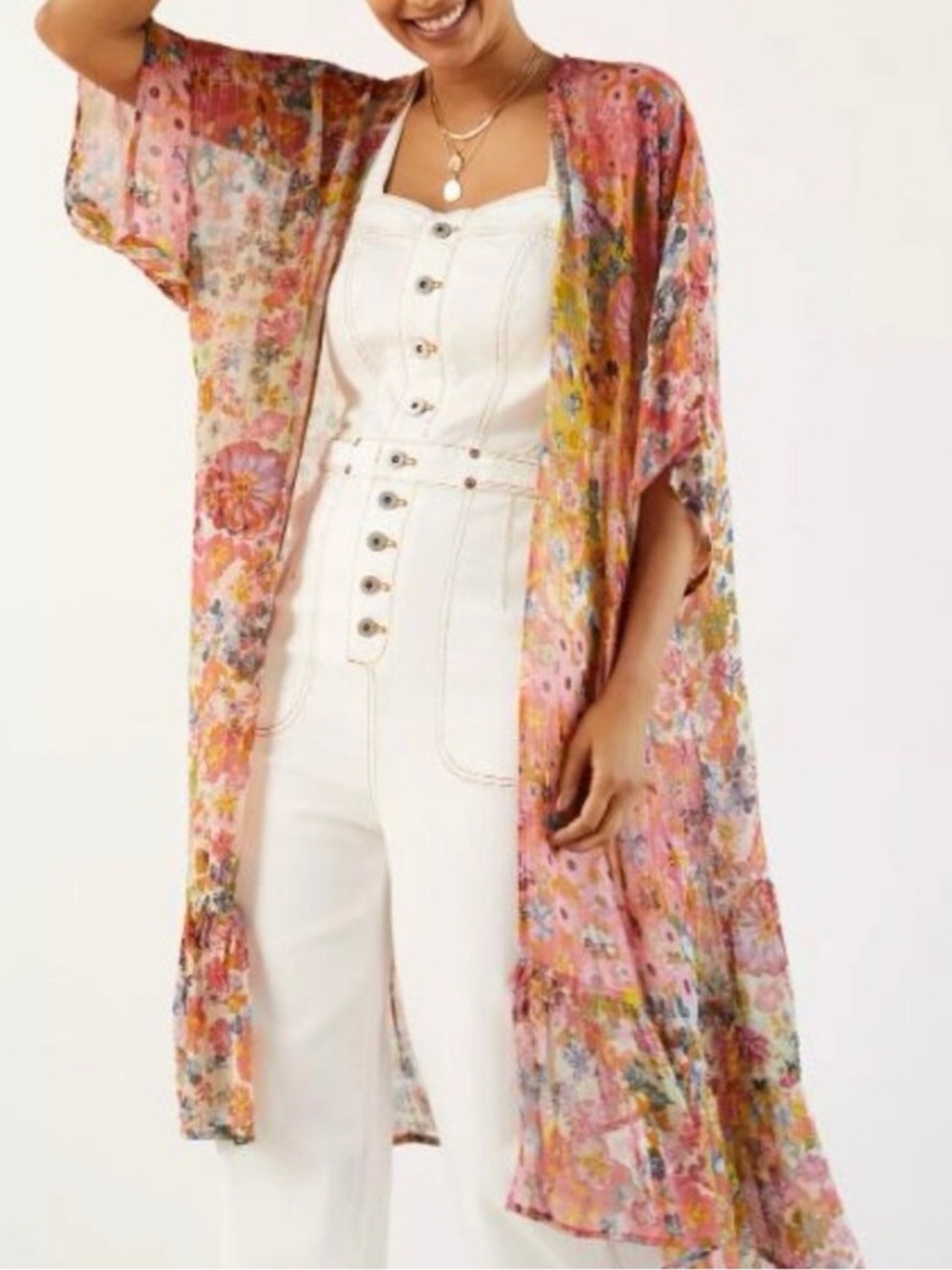 Blank London Anthropologie Floral Shimmer O/S Pink Gold Kimono Cardigan Robe - Picture 5 of 7